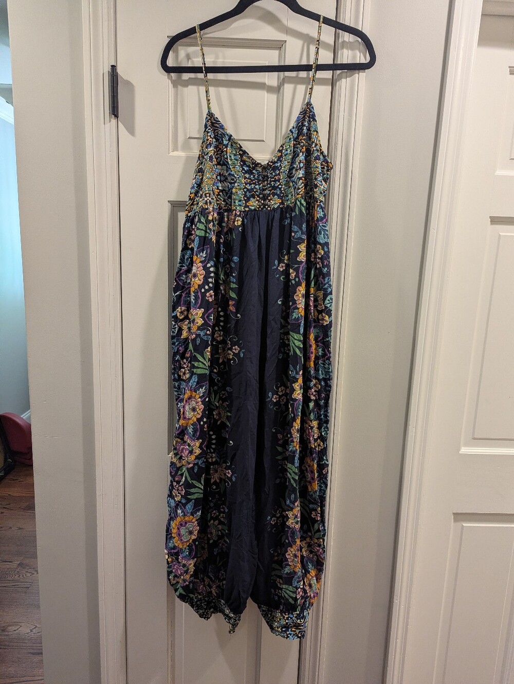 M Anthropologie Floral Navy Smocked Jumpsuit Wide Leg